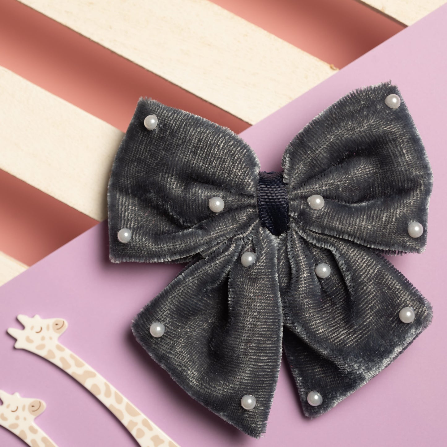 Ribbon Candy - Velvet Party Bow With Pearl Ditailing on Alligator Pin - Grey