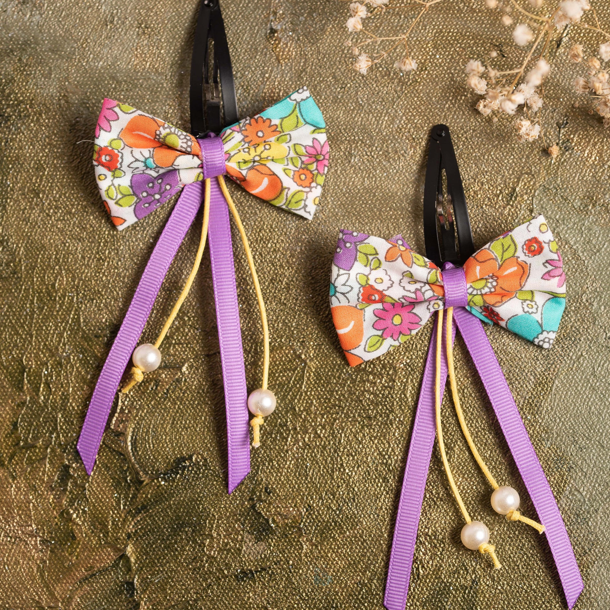 Ribbon Candy-  Floral Printed Bow on Tic- Tac pin with pearl dangler- Multicolour