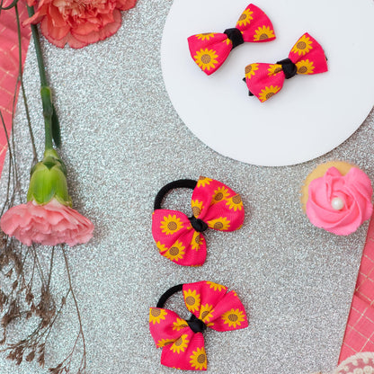 Floral printed bow on alligator clips and rubber bands- Pink (Set of 2 pairs- 4 quantity)