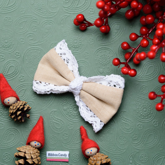 Bow With Cotton Lace on Alligator Clip - Beige