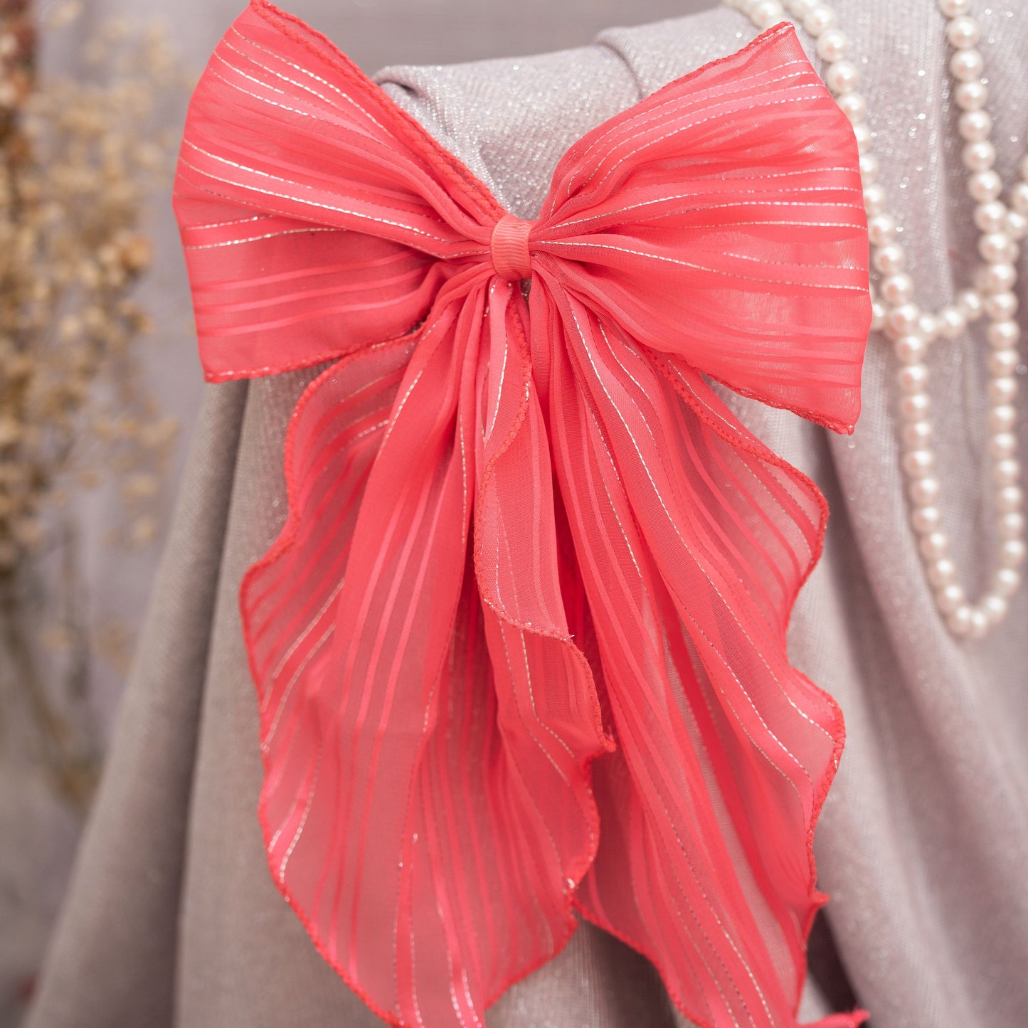 Ribbon Candy-  Stripe detailed Georgette Scarf on Alligator Clip- Pink