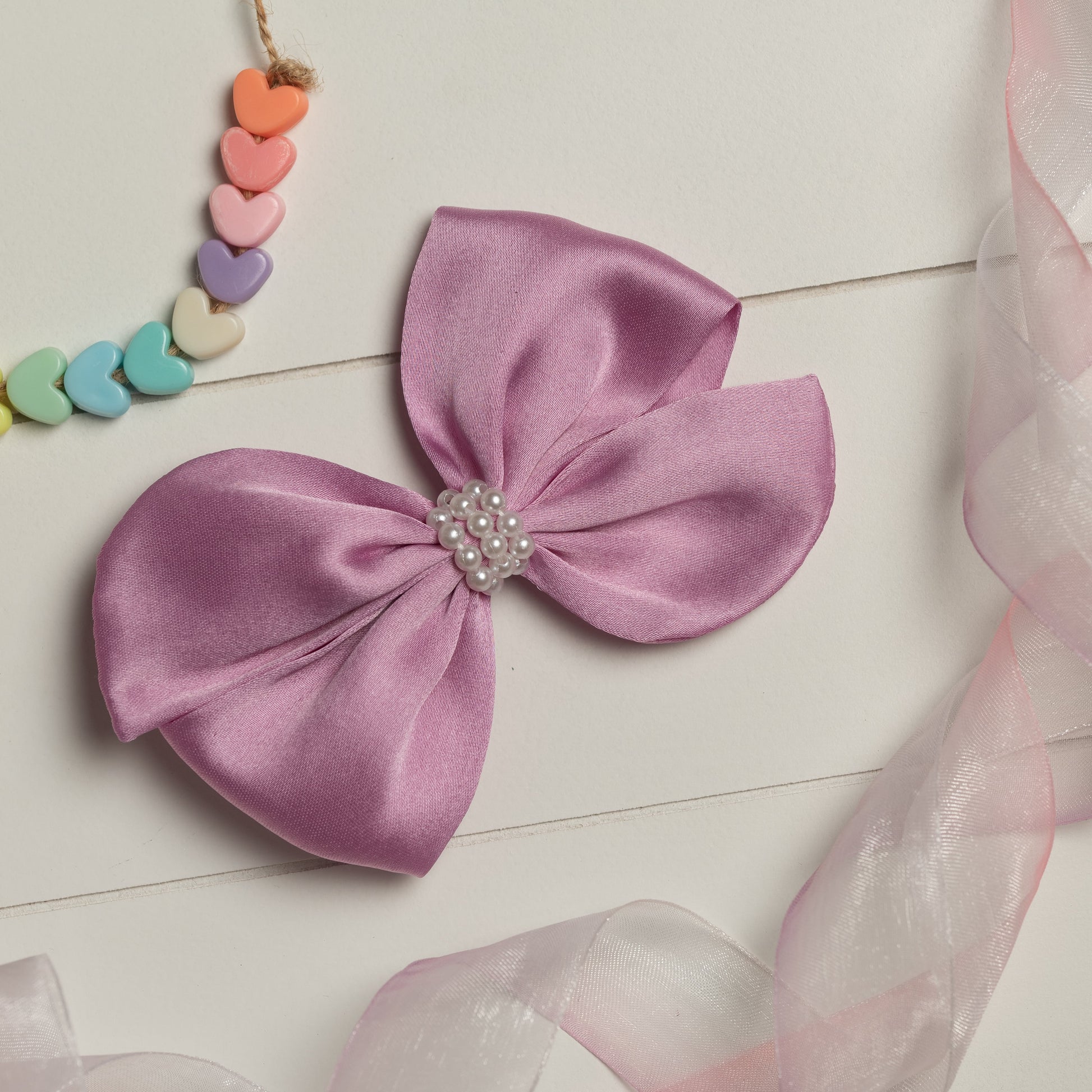 Ribbon Candy - Pearl Detailed Cute Satin Bow on Alligator clip - Lavender
