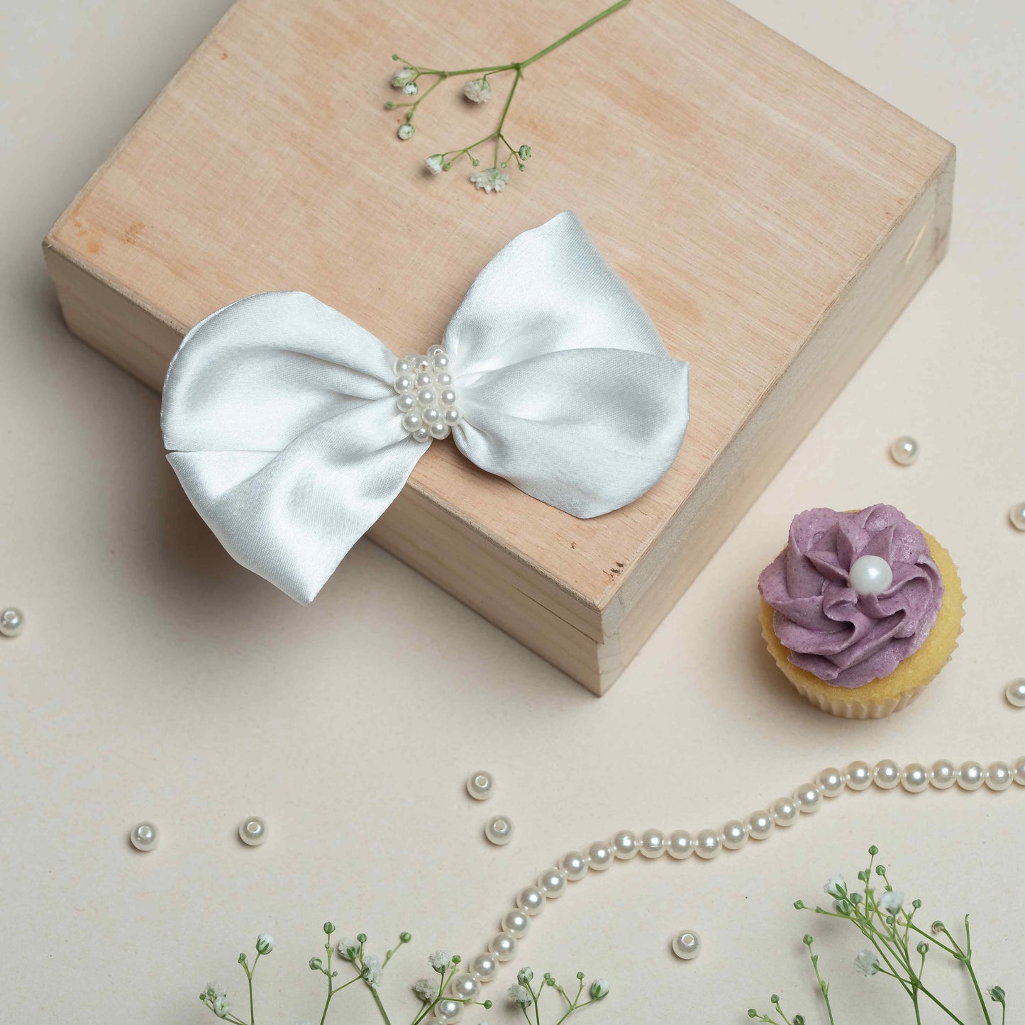 Pearl Detailed Cute Satin Bow on Alligator clip