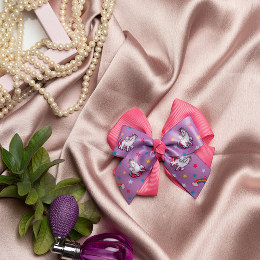 Ribbon Candy - Dual Bow  With Unicorn Print on  Alligator Clip - Pink & Purple