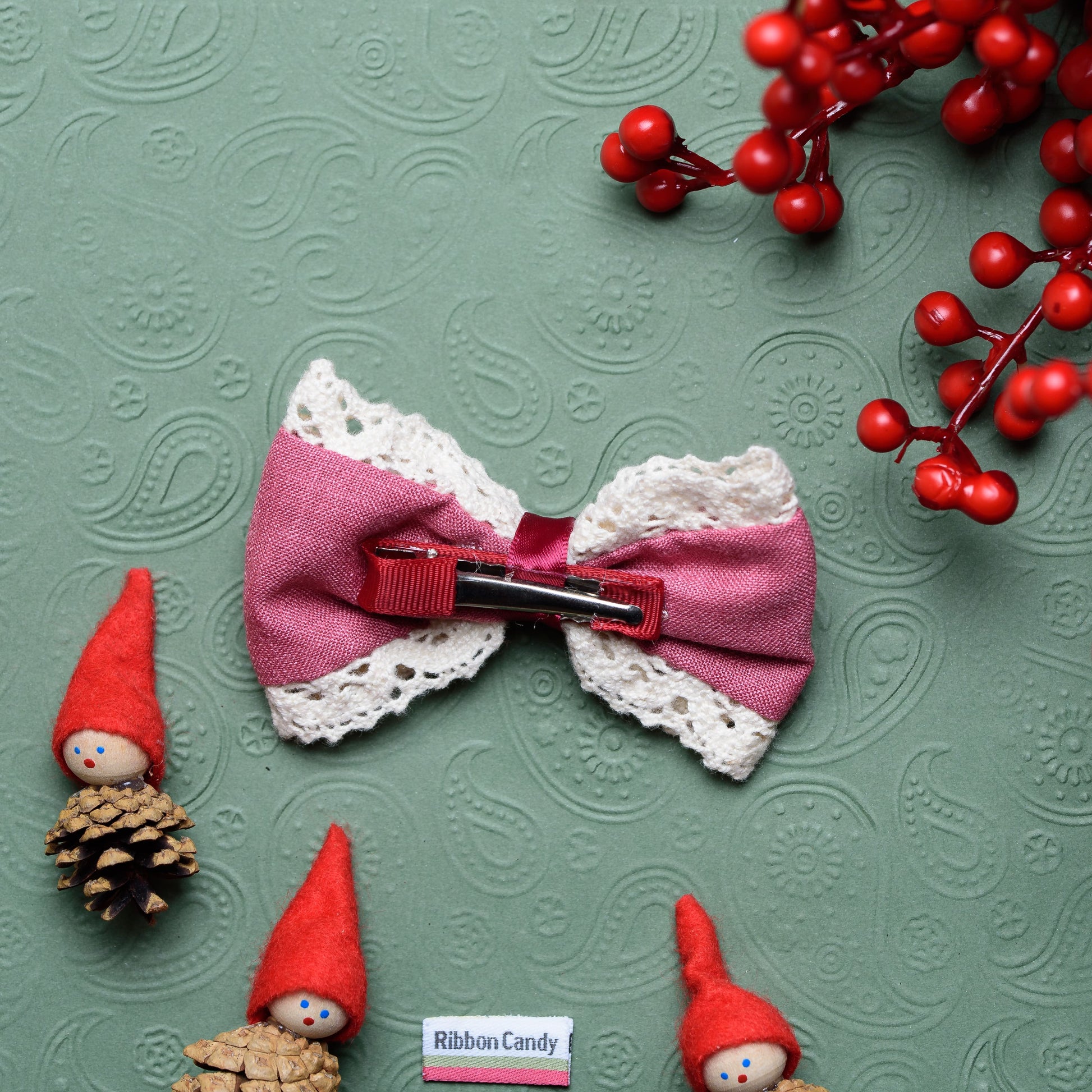 Cute Bow With Cotton Lace on Alligator Pin - Pink
