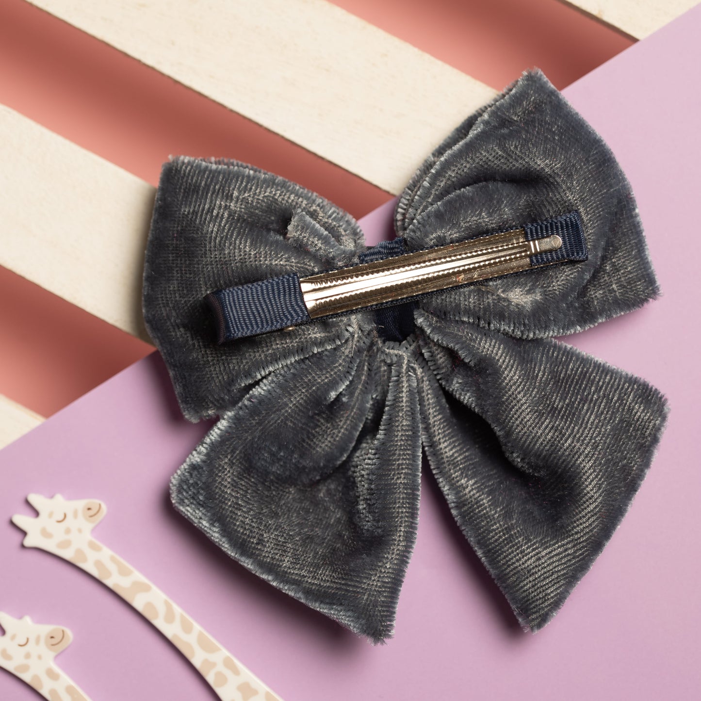 Ribbon Candy - Velvet Party Bow With Pearl Ditailing on Alligator Pin - Grey