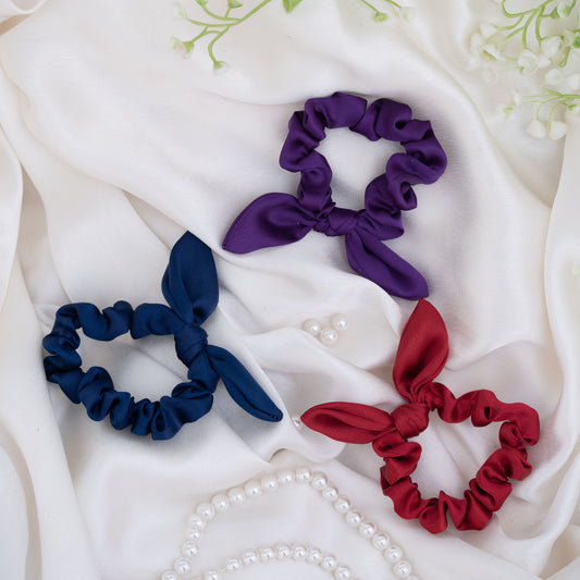 Ribbon Candy- Combo of 3 Scrunchies with tie knot detailed- Maroon, Purple and Navy Blue