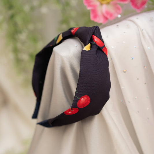 Ribbon Candy- Cherry Printed knotted Hairband- Navy Blue