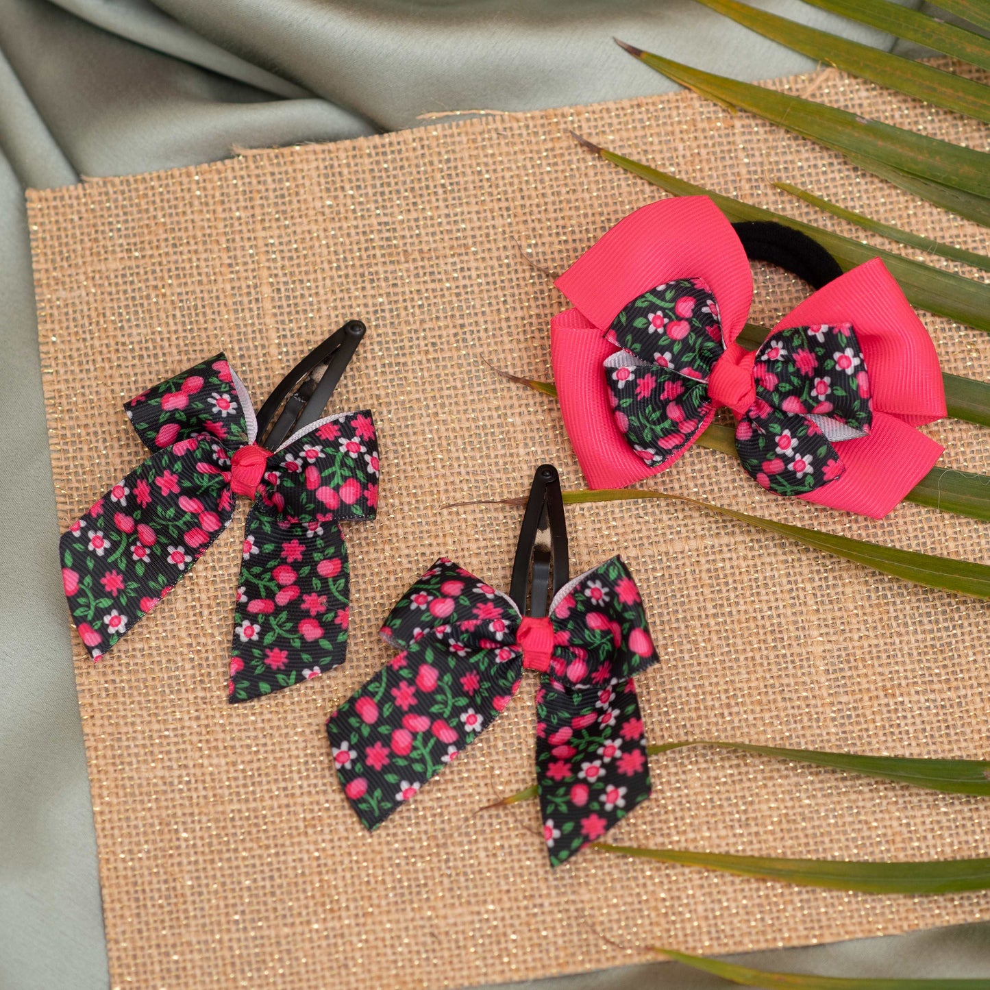 Combo: Flower print bow on tic-tac pins and dual bow rubberband - Pink and Black (Set  of 1 pair, 1 single bow 3 quantity)
