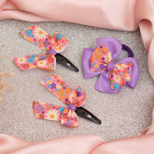 Combo: Flower print bow tic-tac pins and dual bow rubberband - Pink and Purple