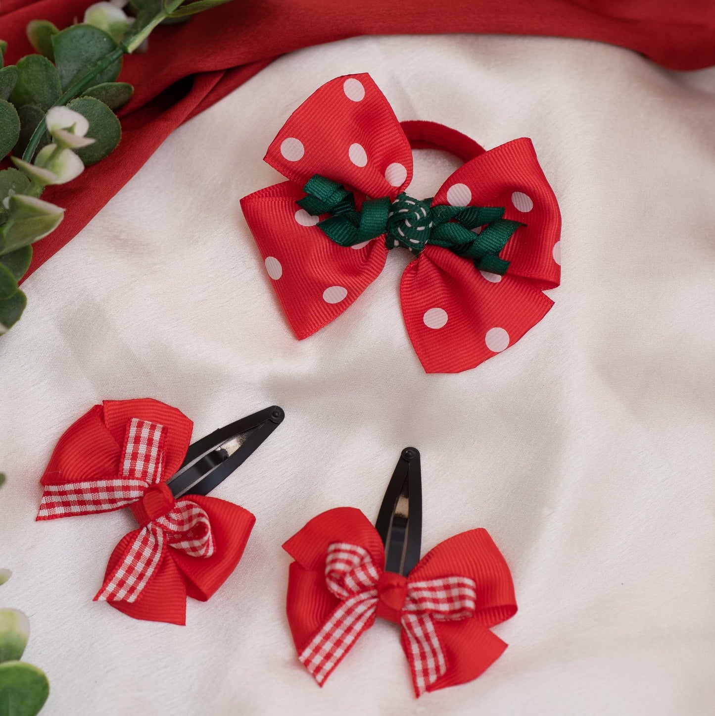 Combo: Checkered Bow Design tic-tac pins and polka dot rubberband - Red (Set of 1 pairs, 1 single bow 3 quantity)