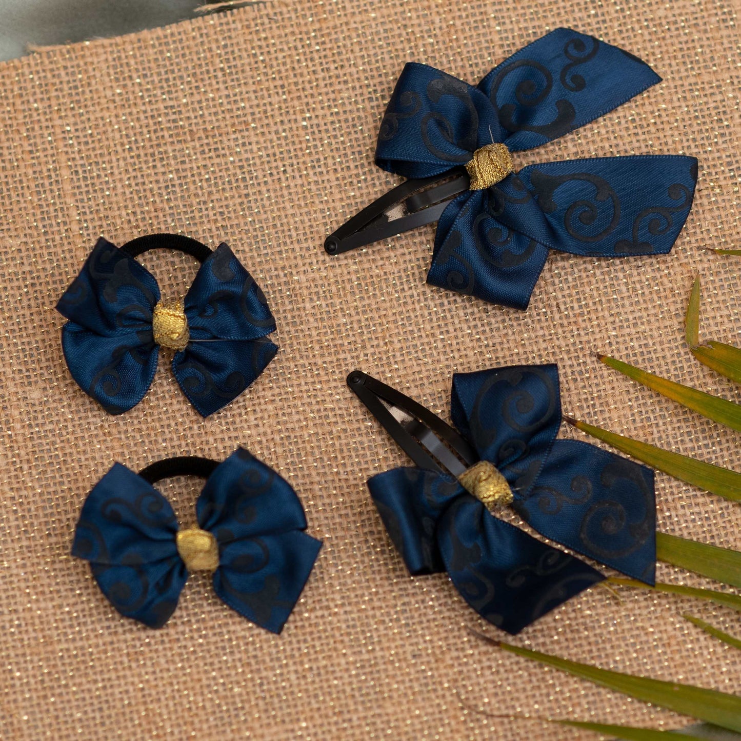 Combo: satin bow on tic-tac pins and rubberbands- Navy blue (Set of 2 pair 4 quantity)