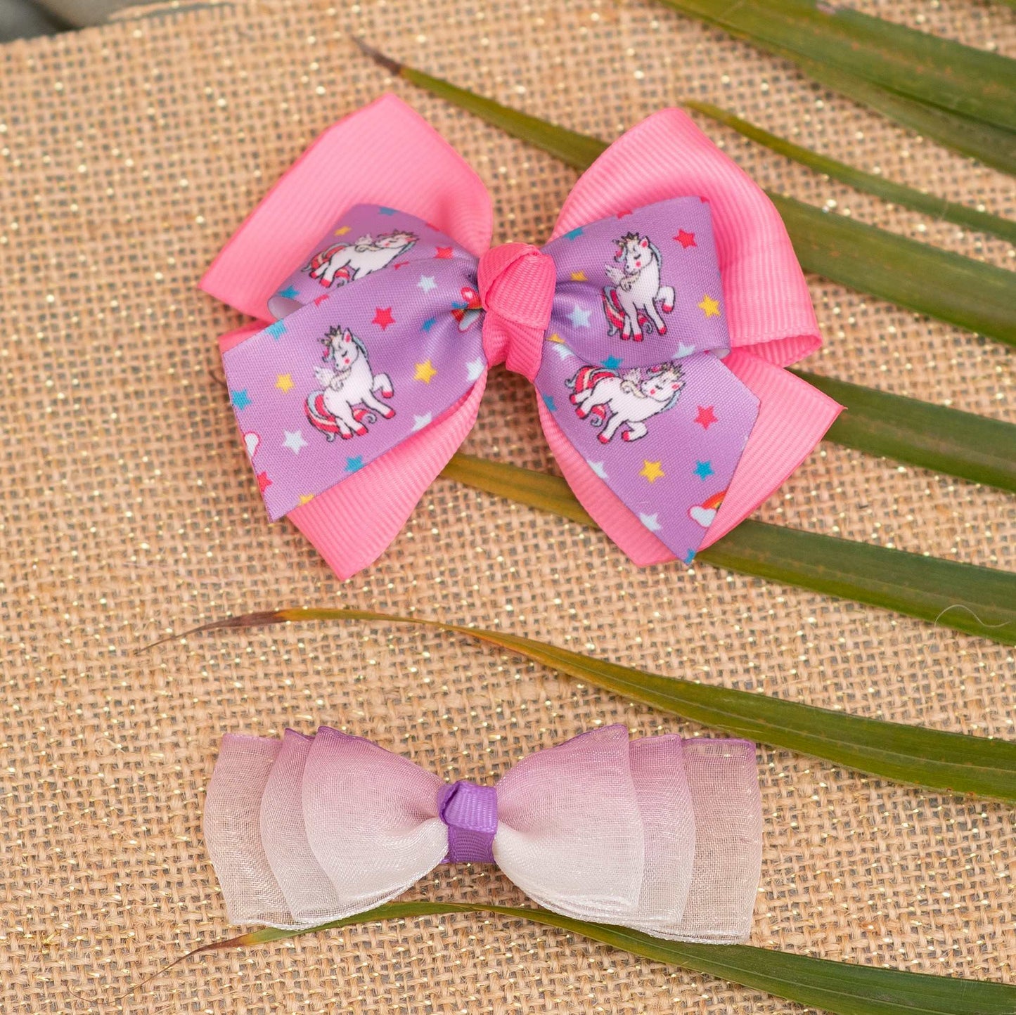 Combo: Cute shaded loopy bow  and unicorn printed bow on alligator - Purple, Pink and White  (2 single bow 2 quantity)