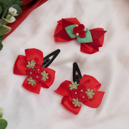 Combo: Fancy bow with felt roses and pearls on alligator clip and cute bow on tic-tac pins with decorate flowers - Red and Green  (Set of 1 pair,  1 single bow - 3 quantity)
