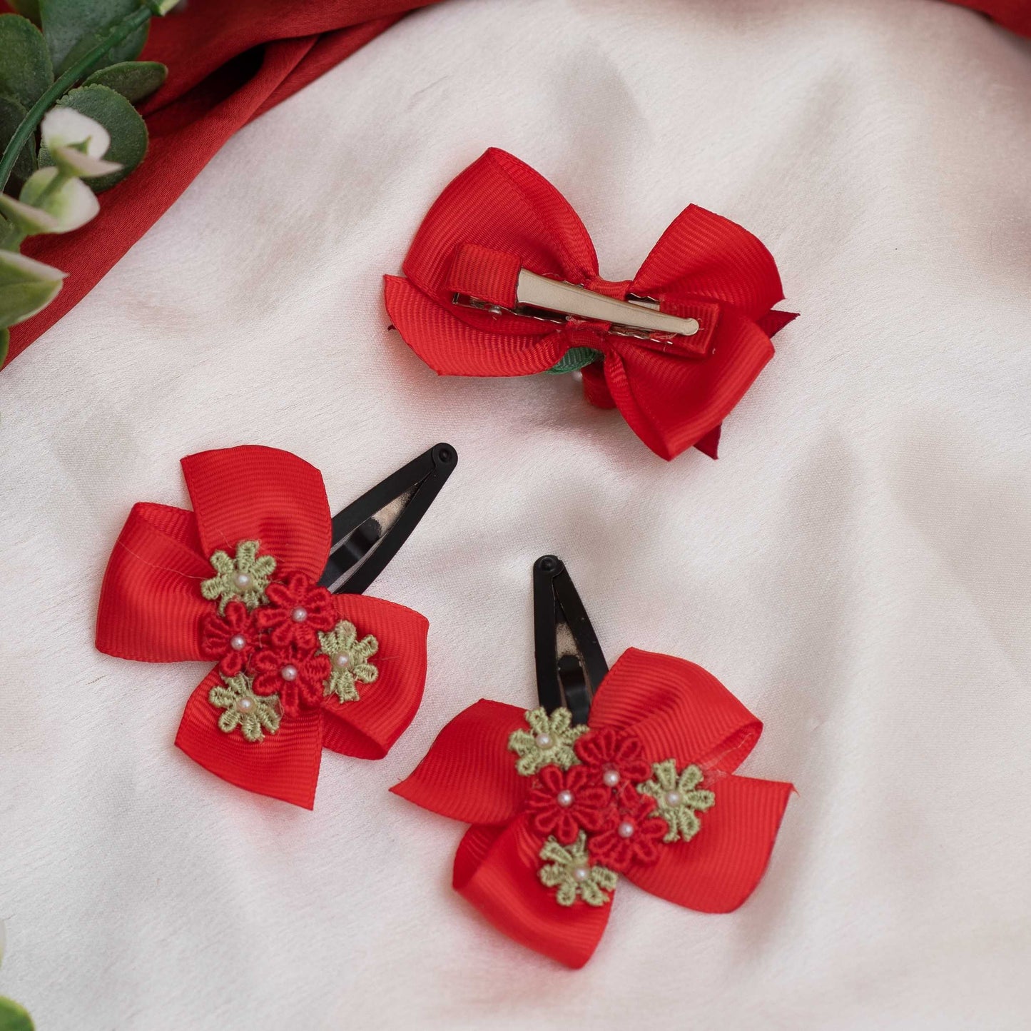 Combo: Fancy bow with felt roses and pearls on alligator clip and cute bow on tic-tac pins with decorate flowers - Red and Green  (Set of 1 pair,  1 single bow - 3 quantity)