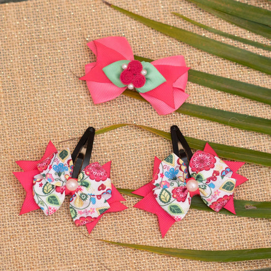 Combo: Fancy bow with felt roses and pearls on alligator clip along with flower print bow on tic-tac pins - Pink and Green (Set of 1 pair, 1 single bow 3 quantity)