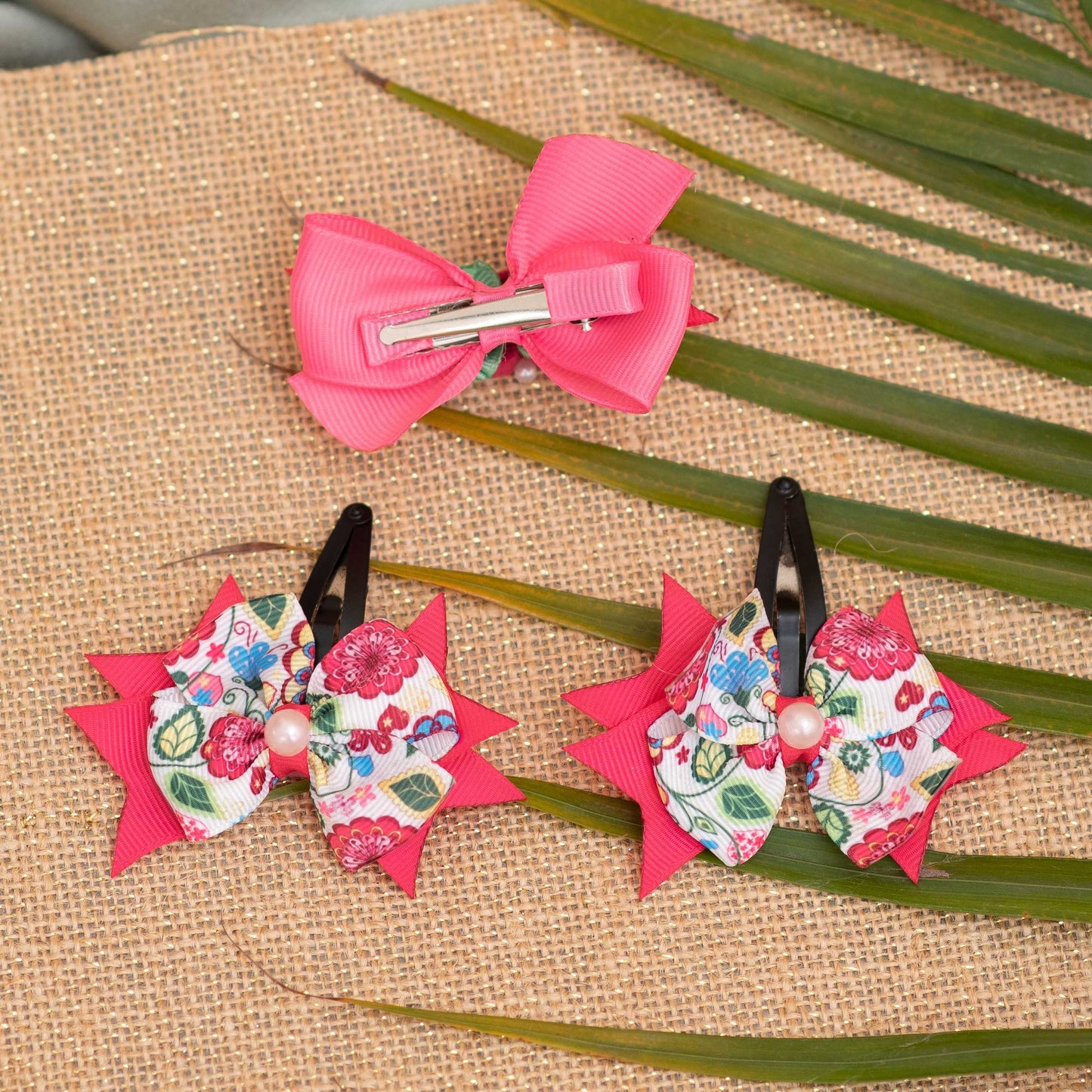 Combo: Fancy bow with felt roses and pearls on alligator clip along with flower print bow on tic-tac pins - Pink and Green (Set of 1 pair, 1 single bow 3 quantity)