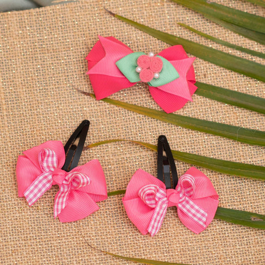 Combo: Fancy bow with felt roses and pearls on alligator clip and dual bow on tic-tac pins - Pink  (Set of 1 pair, 1 single bow - 3 quantity)