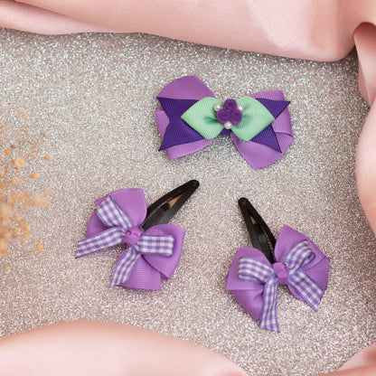 Combo: Fancy bow with felt roses and pearls on alligator clip and dual bow on tic-tac pins - Purple  (Set of 1 pair, 1 single bow - 3 quantity)