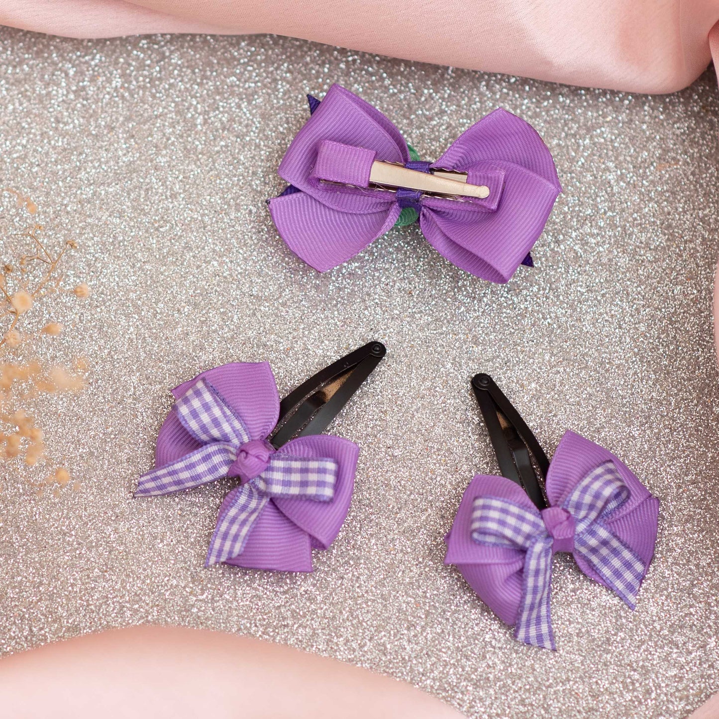 Combo: Fancy bow with felt roses and pearls on alligator clip and dual bow on tic-tac pins - Purple  (Set of 1 pair, 1 single bow - 3 quantity)
