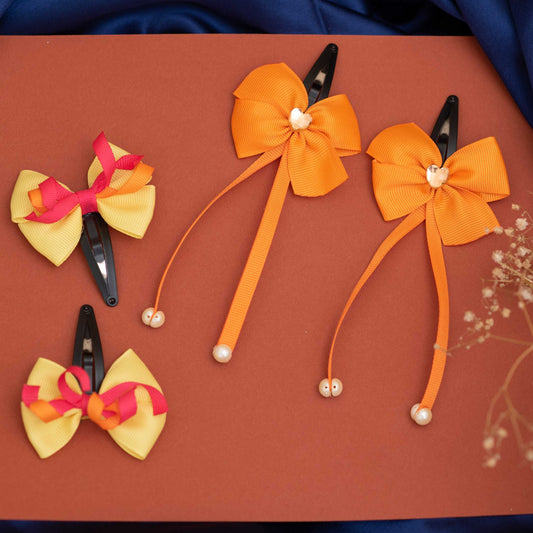 Combo: Set of 2 tic-tac combo,one of elegant danglers with pearls embellished and second one adorable bow with curly on tic-tac pins - Orange and Yellow (Set of 2 pairs - 4 quantity)
