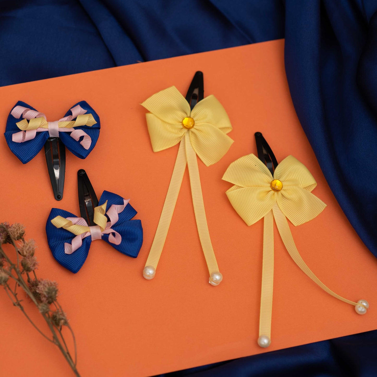 Combo: Set of 2 tic-tac combo,one of elegant danglers with pearls embellished and second one adorable bow with curly on tic-tac pins -  Yellow and Blue (Set of 2 pairs - 4 quantity)