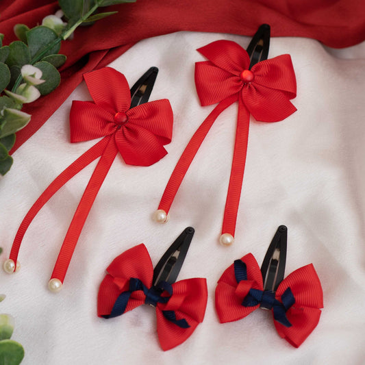 Combo: Set of 2 tic-tac combo,one of elegant danglers with pearls embellished and second one adorable bow with curly on tic-tac pins - Red (Set of 2 pairs  4 quantity)