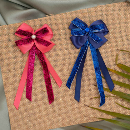Combo:Set of 2 dangler alligator clips - Pink and Blue ( 2 single bow - 2 quantity)