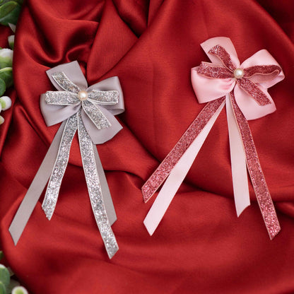 Combo: Set of 2 dangler alligator clips - Pink and Grey ( 2 single bow - 2 quantity)
