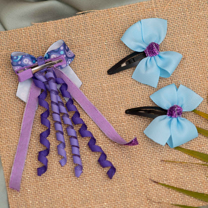 Combo: Cute dangler on alligator clip along with cute and fancy bow on tic-tac pins - Purple and Blue (Set of 1 pairs a, 1 single bow - 3 quantity)