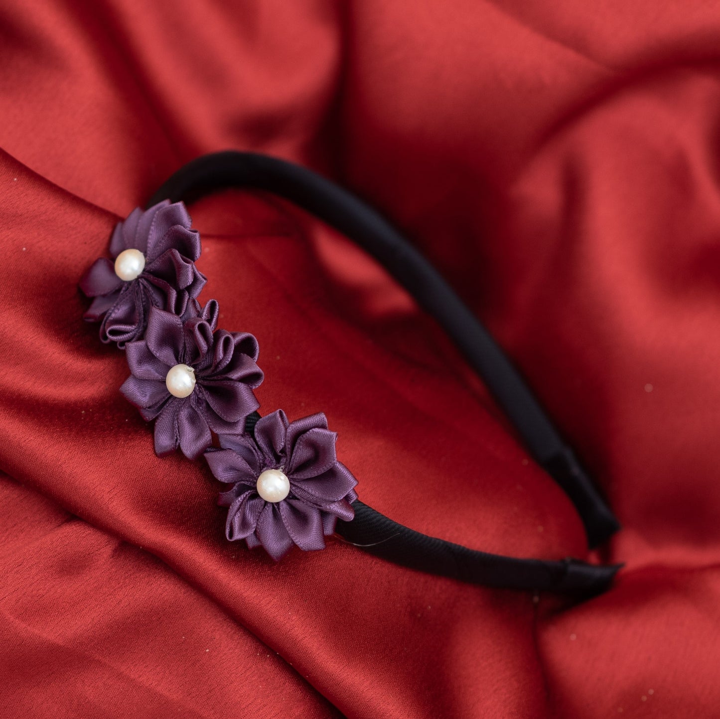 Triple Satin Flower Hairband with Pearl Detailing- Purple and Black
