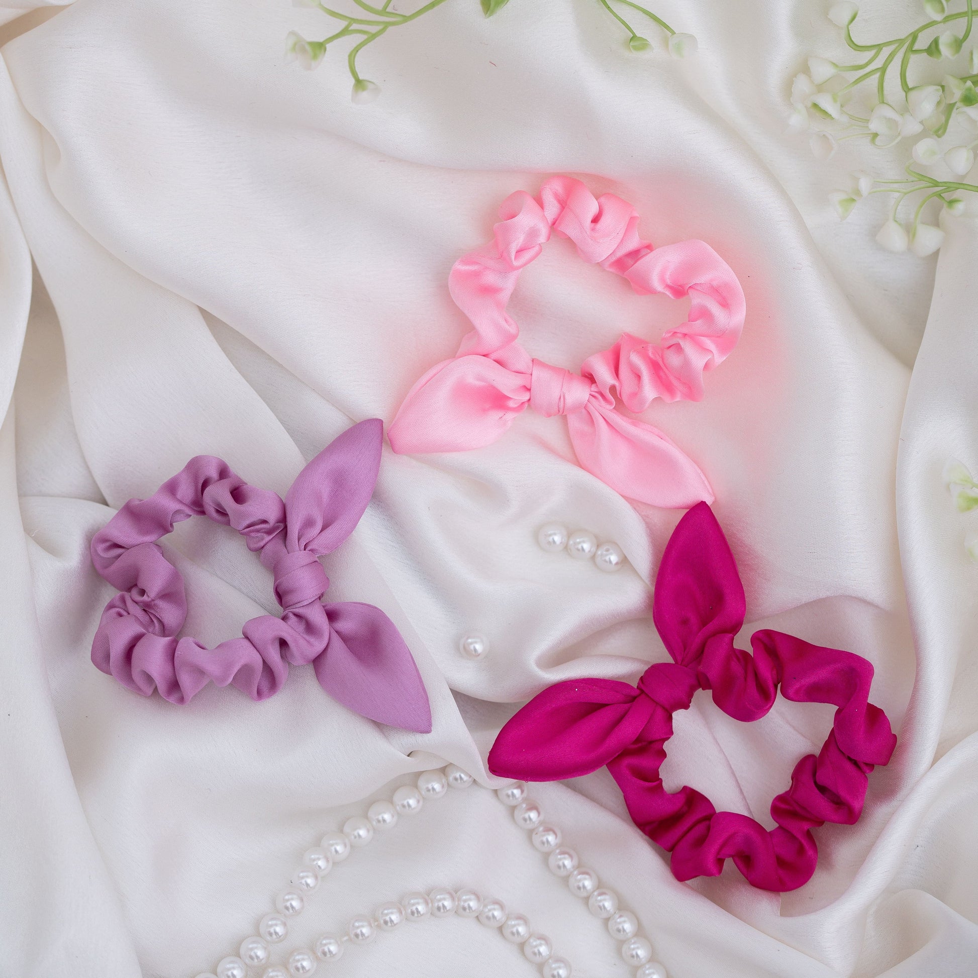 Ribbon Candy- Combo of 3 Scrunchies with tie knot detailed- Light Pink, Hot pink and Lavender