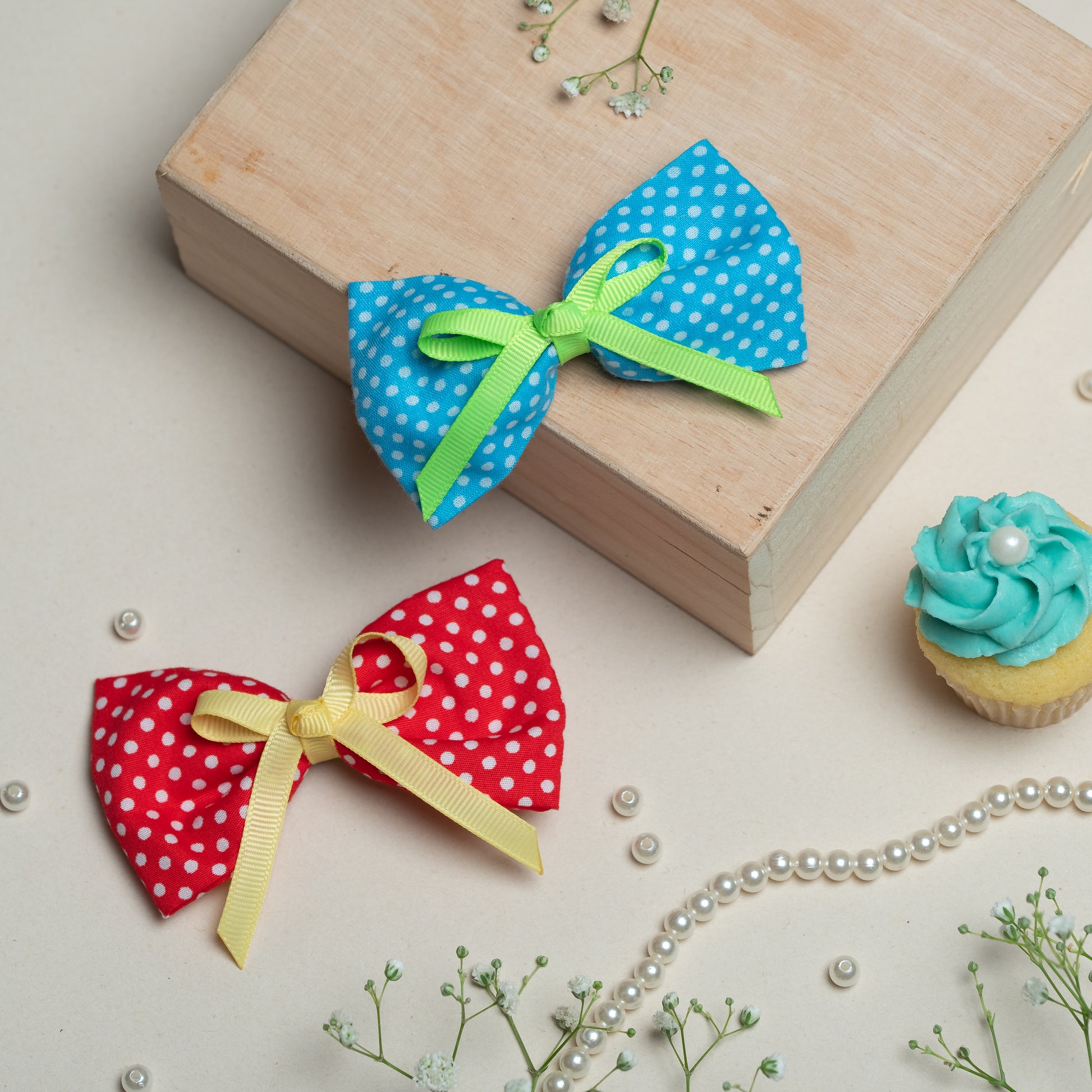 Cute  Polka Dot Double Bow Alligator Clips -  Red and Sky Blue