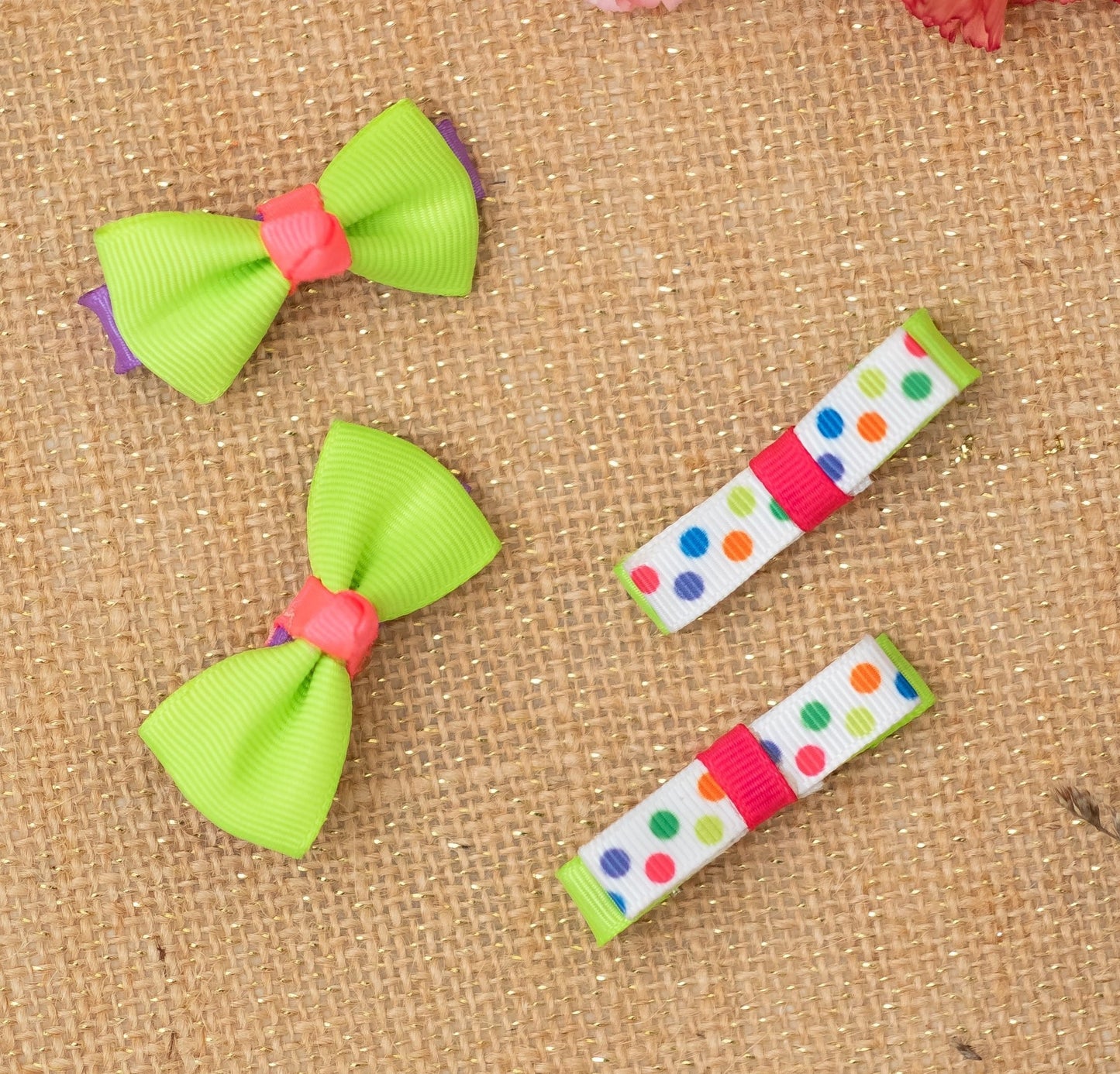 Pleasing polka dotted loopy bow on alligator clips along with pair of  pretty bow on alligator clips -Green and White (Set of 2 pairs- 4 quantity)