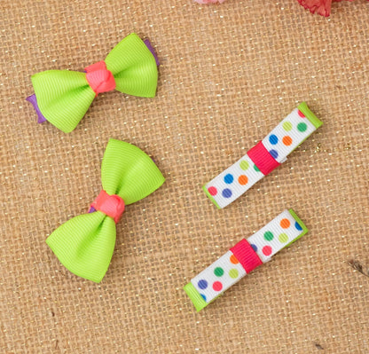 Pleasing polka dotted loopy bow on alligator clips along with pair of  pretty bow on alligator clips -Green and White (Set of 2 pairs- 4 quantity)