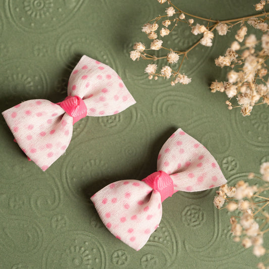 Ribbon Candy - Polka dot print Bow on Alligator Pin- White and Pink