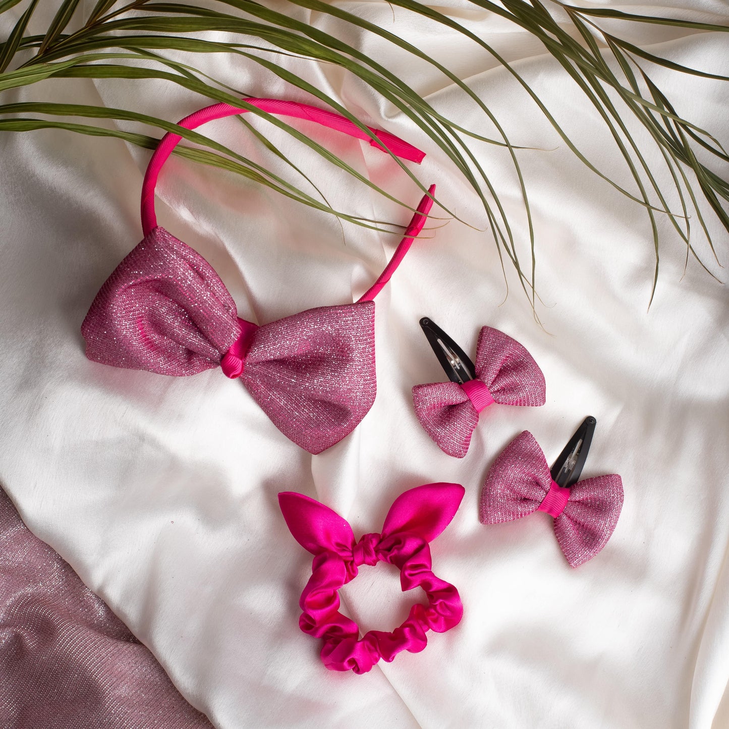Ribbon Candy- Combo of 1 big bow shiny hairband, 1 pair of shiny bow tic-tac (2 nos), and 1 satin scrunchie with tie knot- Pink