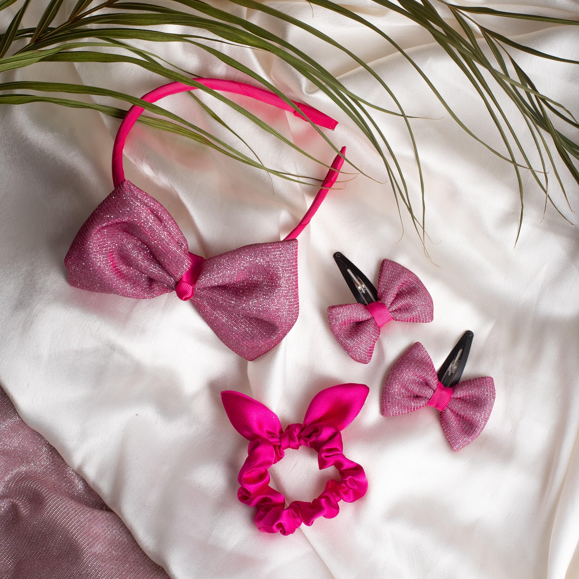 Ribbon Candy- Combo of 1 big bow shiny hairband, 1 pair of shiny bow tic-tac (2 nos), and 1 satin scrunchie with tie knot- Pink