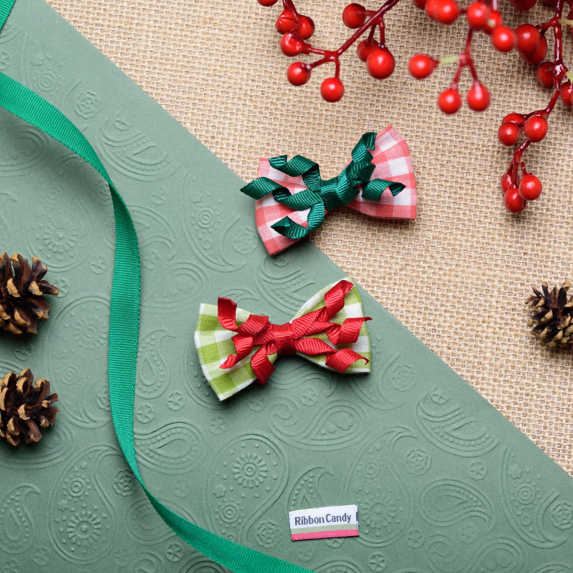 Checked Christmas Bows with Curly on Alligator Pins - Red and Green