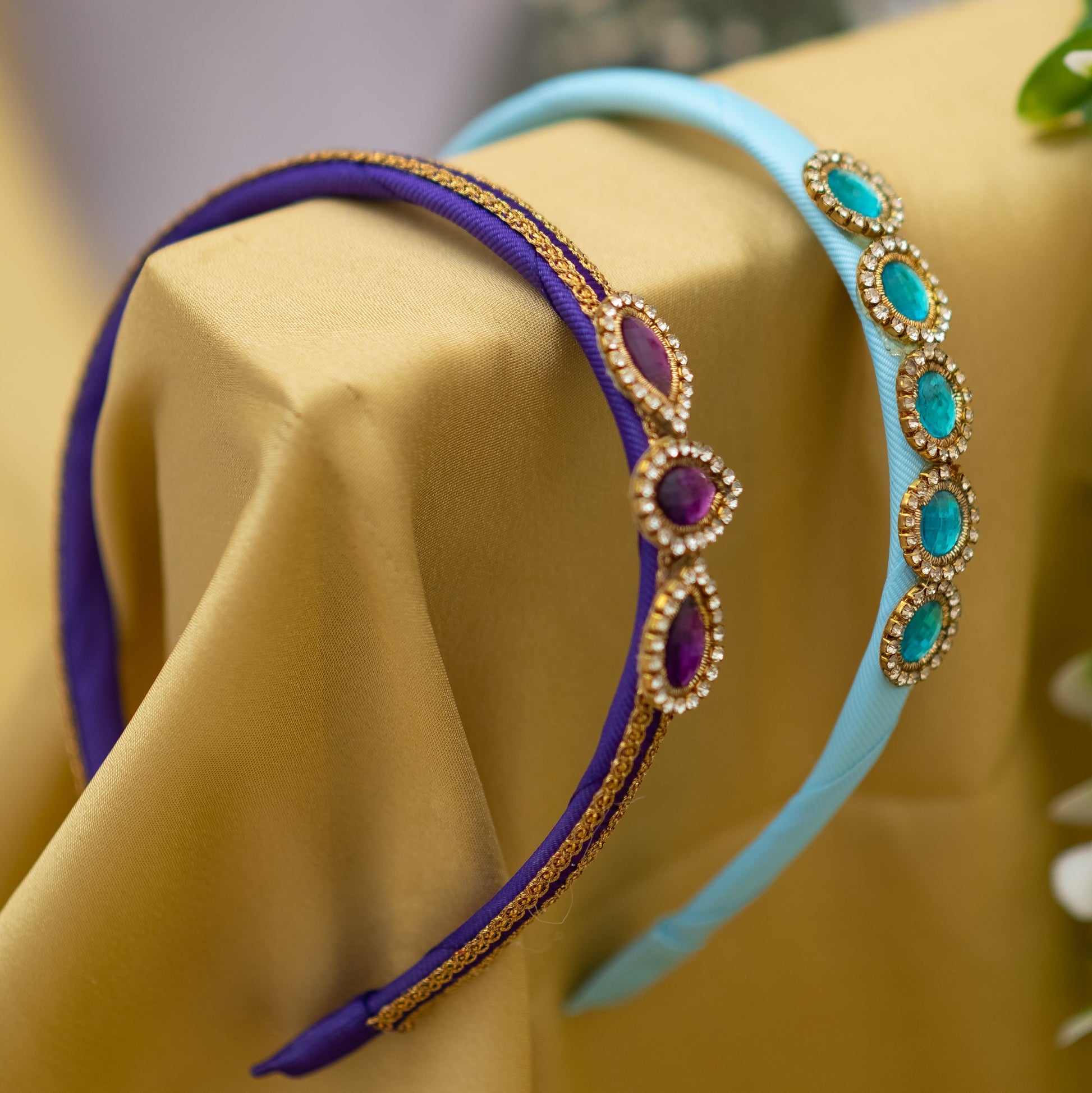 Combo of trendy crystal and lace detailed hairbands- Sky Blue and Purple (Set of 2 hairbands)