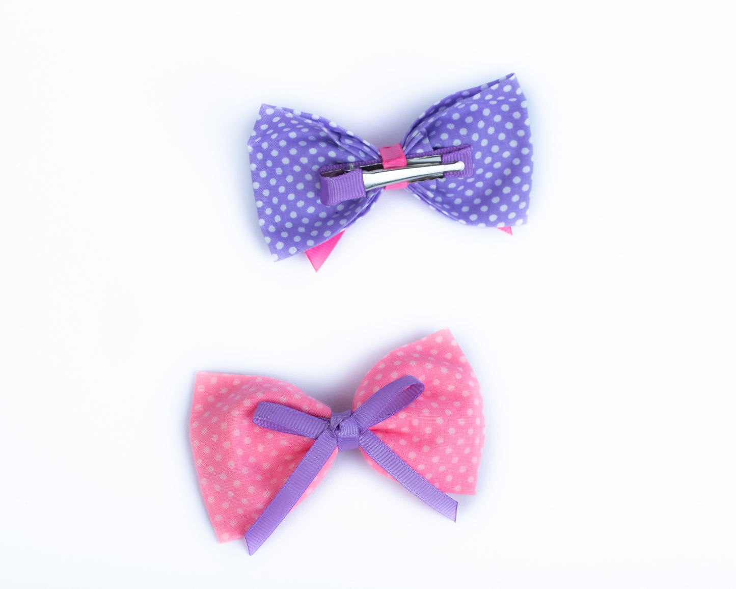 Cute Polka Dot Double Bow Alligator Clips -  Light Pink and Purple