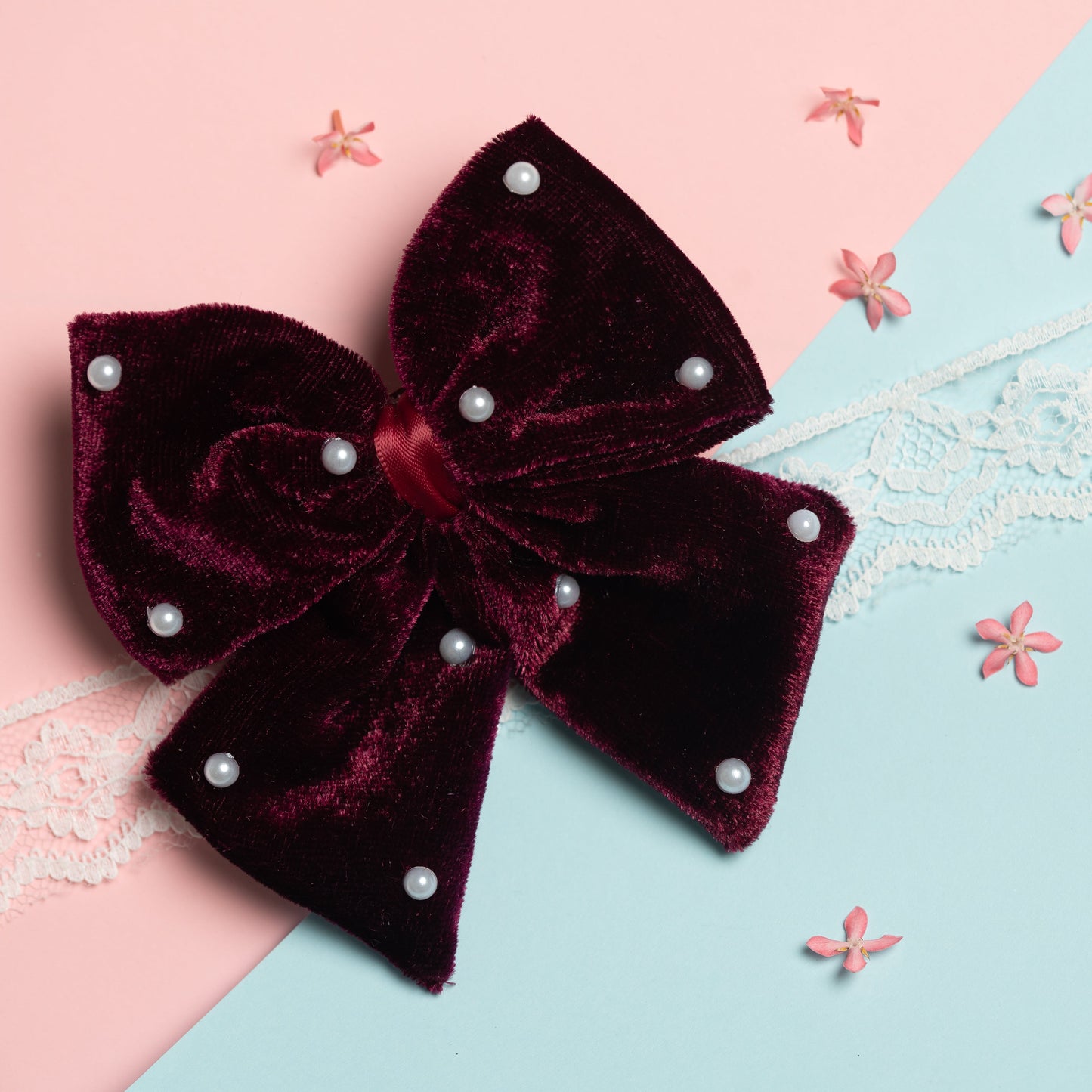 Ribbon Candy - Velvet Party Bow With Pearl Ditailing on Alligator Pin - Magenta