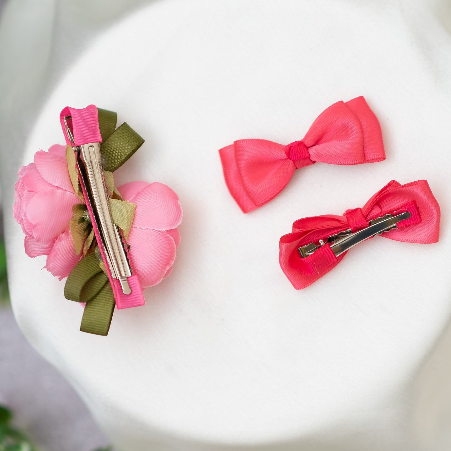 Decorative flower ornamented on alligator clip along with shiny satin double bow alligator clips - Pink (Set of 1 pair and 1 single clip - 3 quantity)