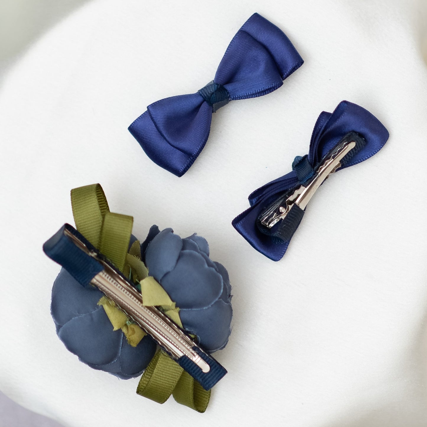Decorative flower ornamented on alligator clip along with shiny satin double bow alligator clips -Blue  (Set of 1 pair and 1 single clip - 3 quantity)