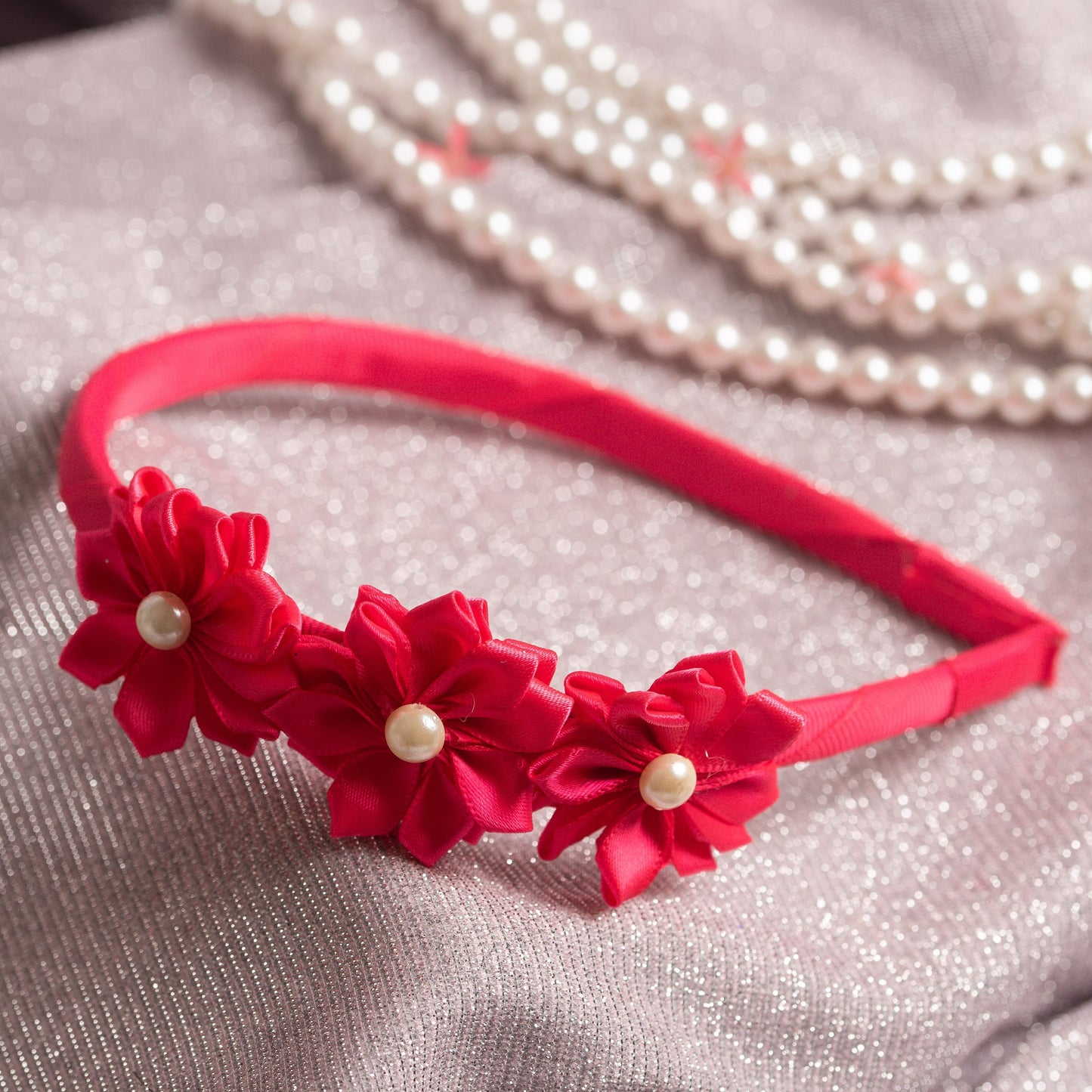 Ribbon Candy - Triple Satin Flower Hairband with Pearl Detailing- Hot Pink