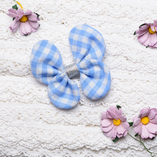 Checked Butterfly bow on Alligator Clip - Blue and White