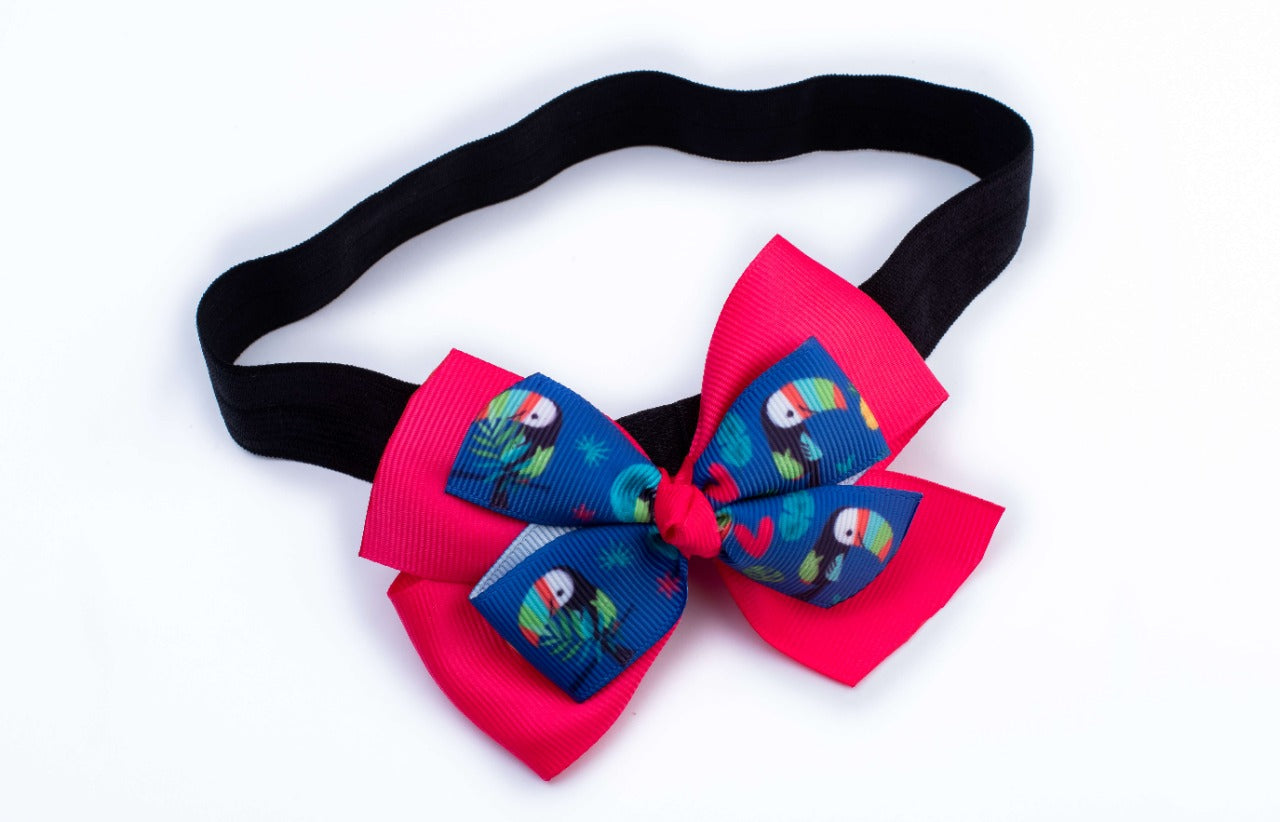 Tucan Print Dual Bow Alligator Clip with Stretchy Band - Hair Band