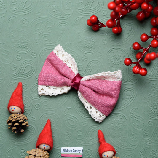 Cute Bow With Cotton Lace on Alligator Pin - Pink