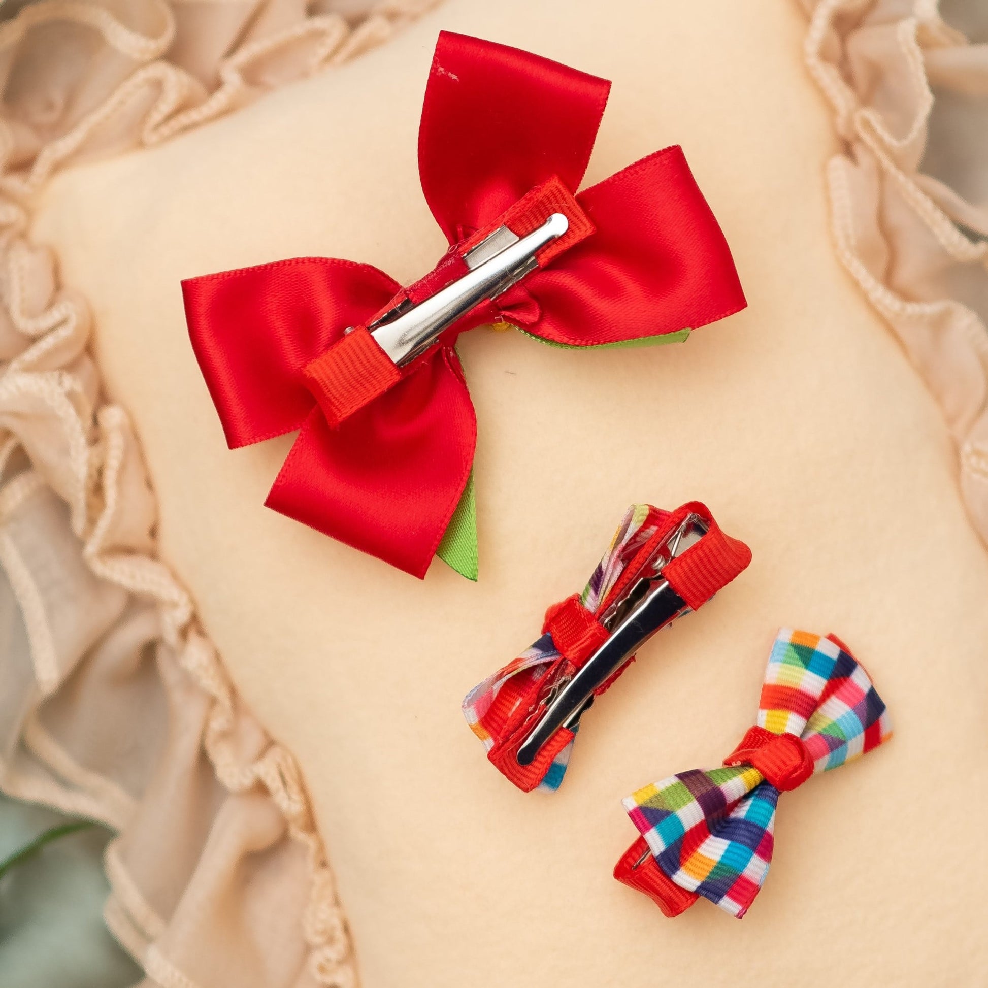 Luxurious double bow on alligator pins with jingling bells along with multicolour checkered  bow on alligator clips- Multicolour (Set of 1 pair and 1 single bow - 3 quantity)