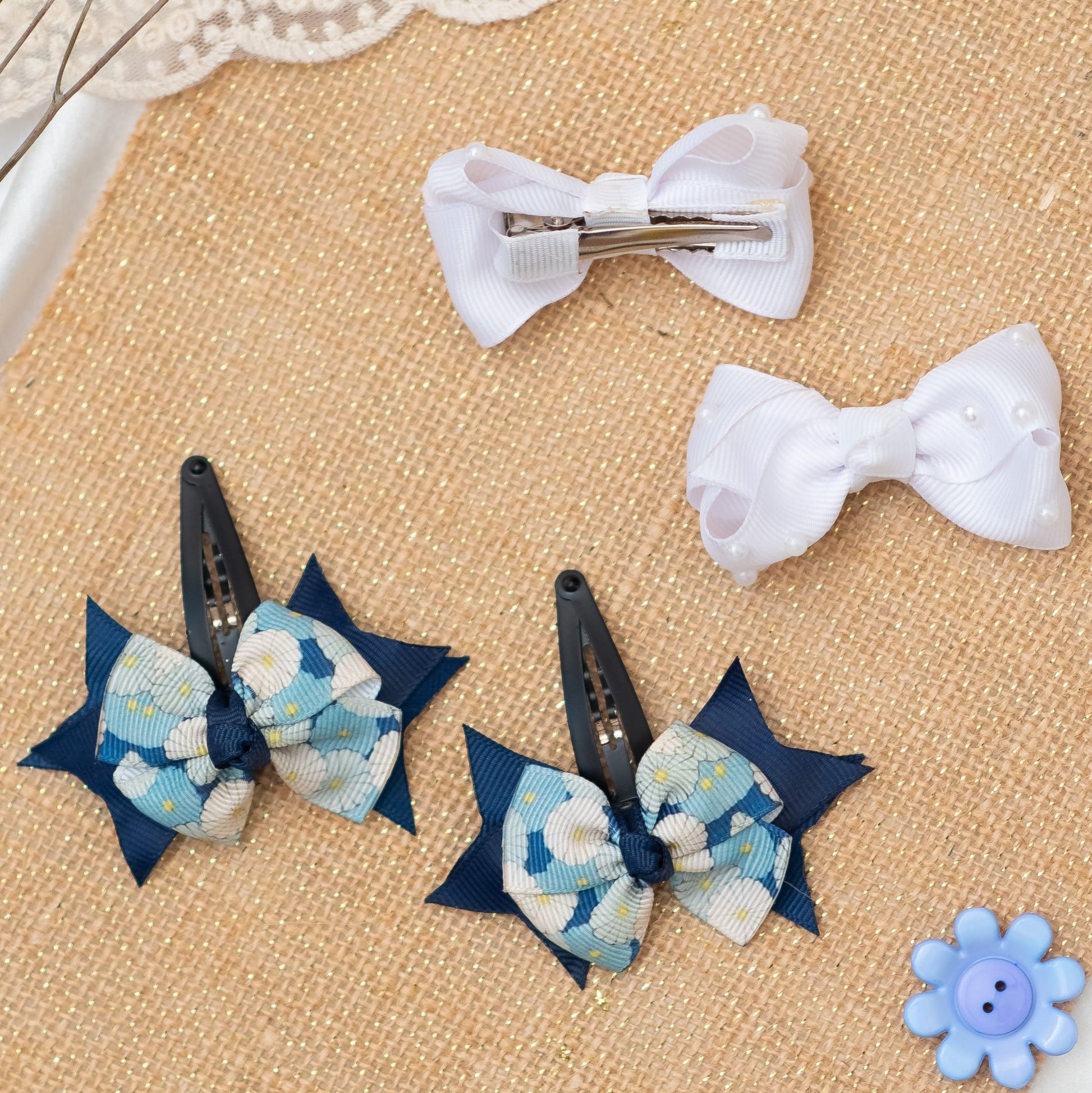 Elegant pearls embellinshed bow on alligator clips along with cute and fancy bow on tic- tac pins-White and Blue (Set of 2 pairs- 4 quantity)